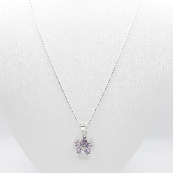 Amethyst Purple CZ Flower Pendant Necklace - Picture 3 of 6